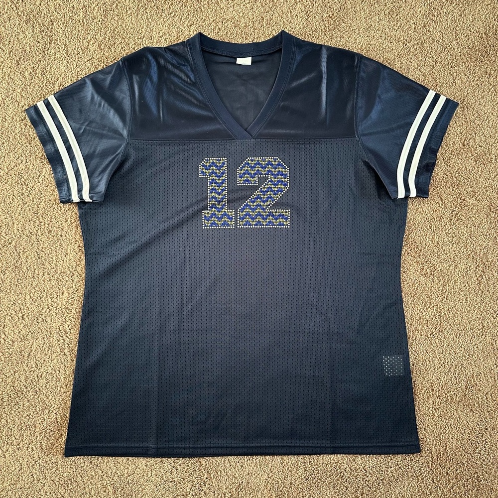 Women’s Seattle Seahawks 12th Man Rhinestone Jersey Top- Large